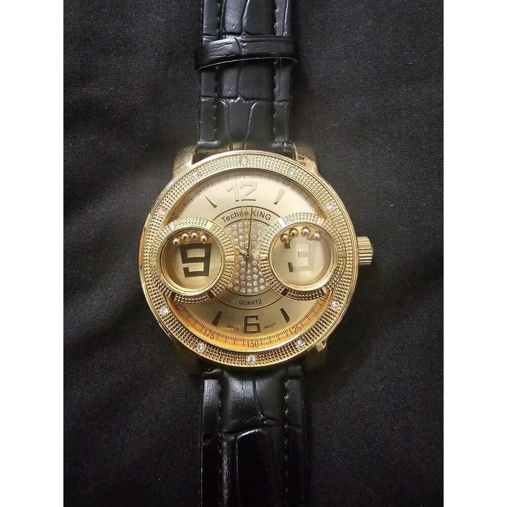 Gold Men's Fashion Analog Quartz Wristwatch 54.4mm Black Faux Leather Band